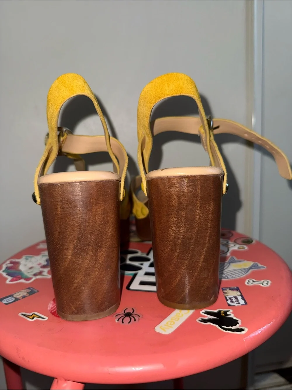 Sam Edelman Mustard Yellow Suede Platform Sandals with Wood-Look Block Heel